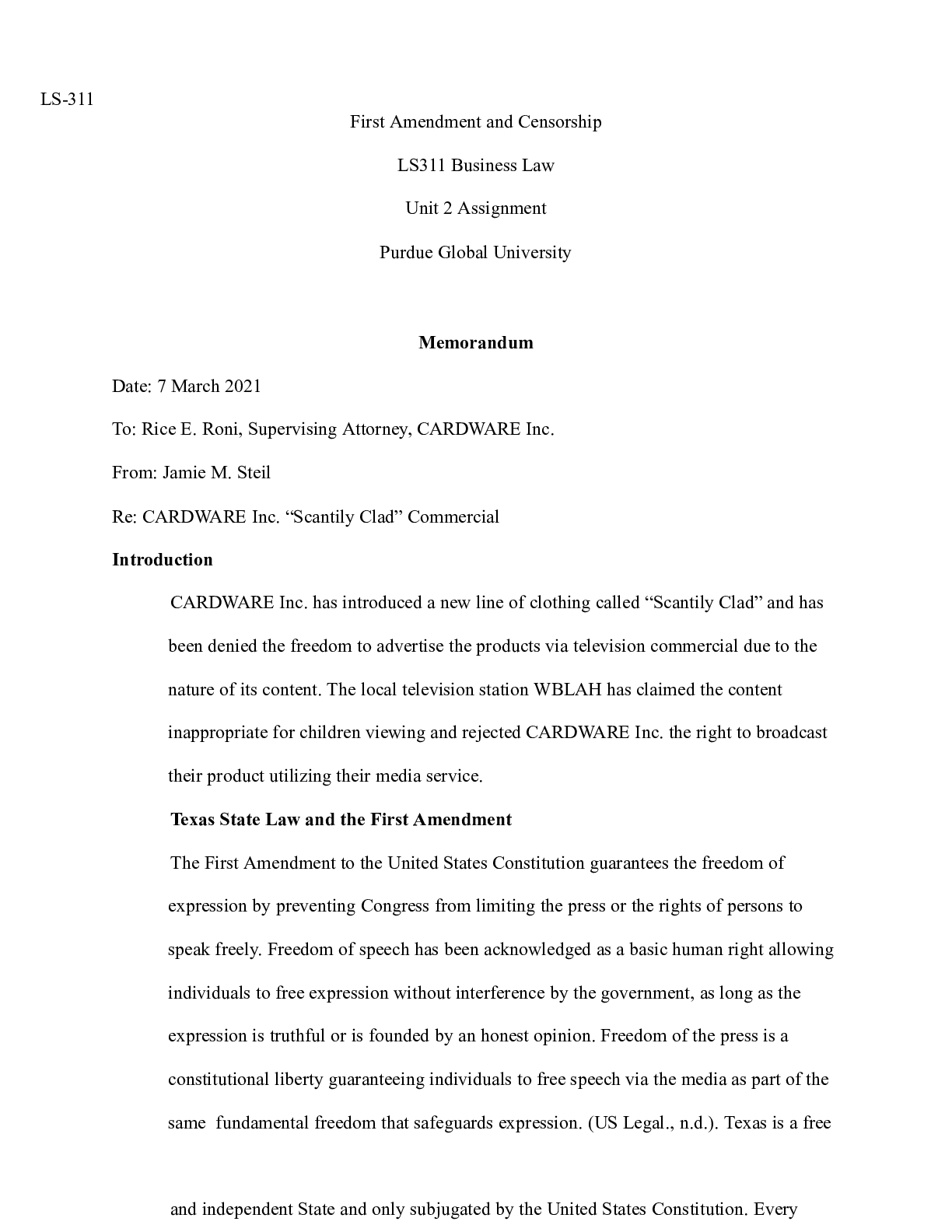 Preview image for LS311  Unit 2 Assignment.docx    LS-311  First Amendment and Censorship  LS311 Business La